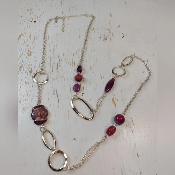 x Lane Bryant Silver and Purple Long Necklace Glass Beads Jewelry Accessory Boho - Picture 5 of 6